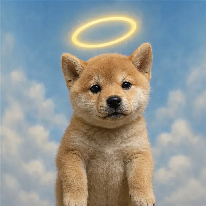 Holy Inu — a shiba puppy with a golden halo floating in the clouds